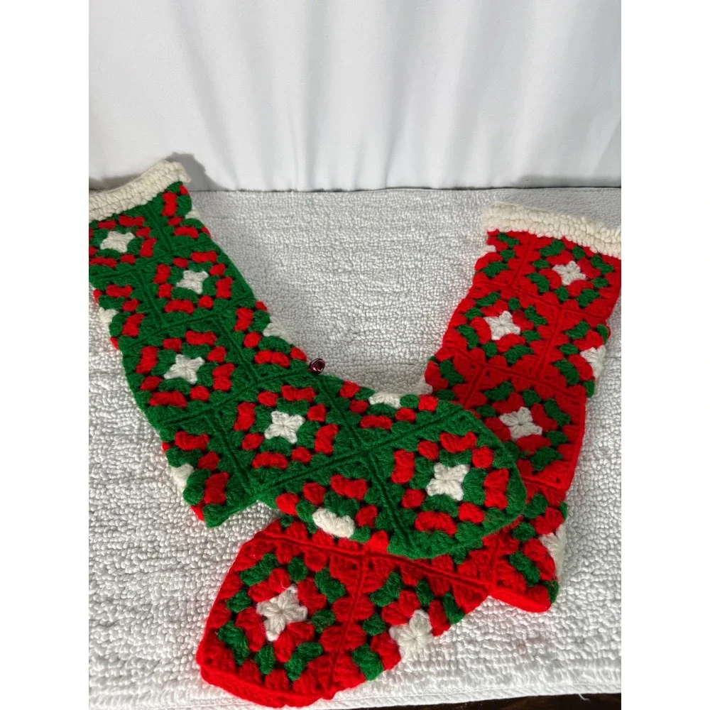 VTG Hand Crocheted Christmas Stockings Red Green White Holly Star Motif Set of 2